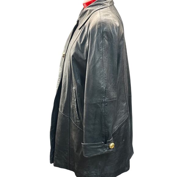 Hillary Paige Vintage 80s 90s 2 Gold Button Black Leather Trench Coat Women PL - Picture 2 of 7